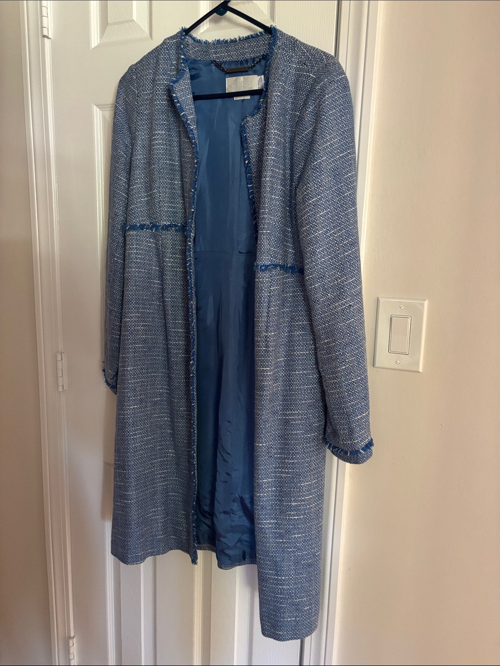 Blue Tweed Long Coat - Classic Bouclé Style
